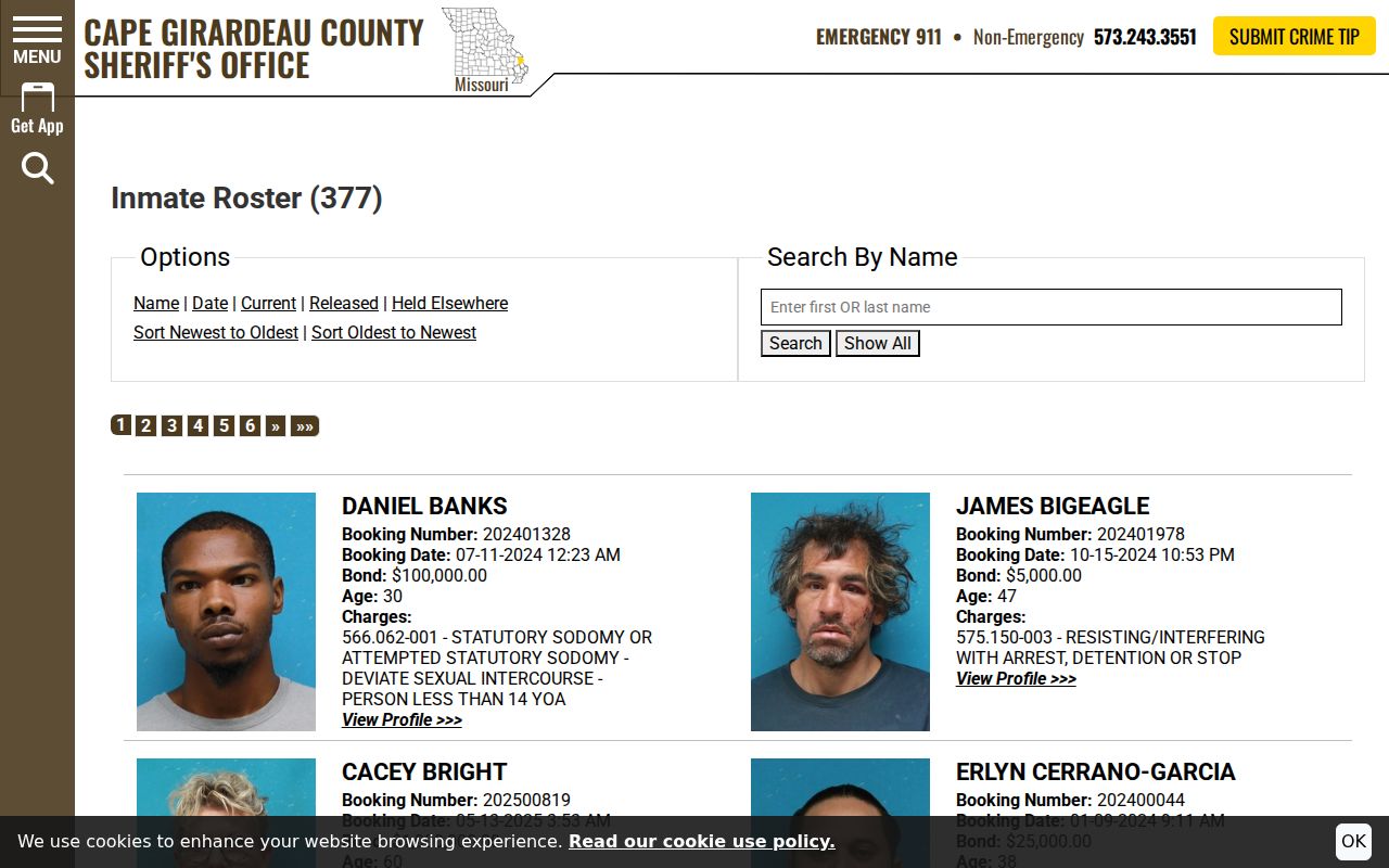 Cape Girardeau County arrest roster and booking search controls