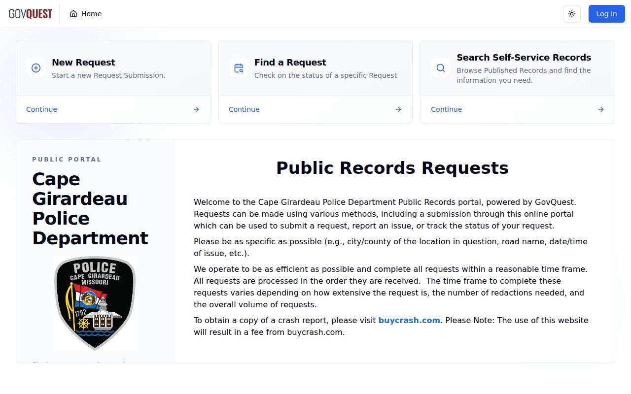 Cape Girardeau criminal records request portal in GovQuest